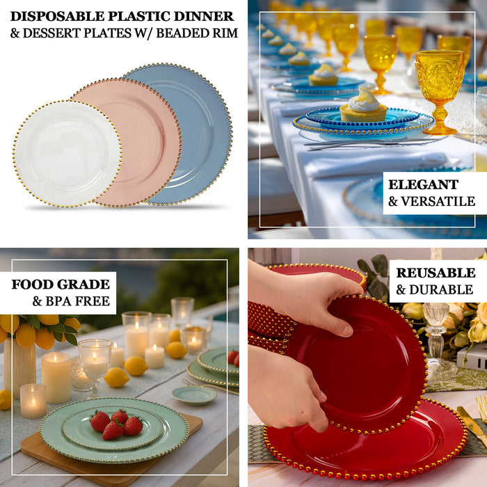 Disposable plastic dinner and dessert plates with beaded rim, reusable and BPA free.