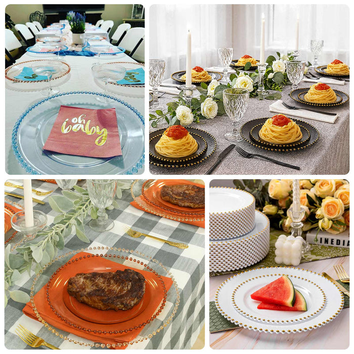 Elegant table settings for various occasions with colorful plates and delicious dishes.
