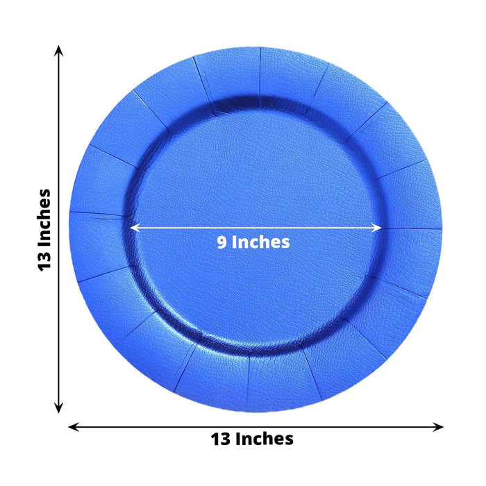 Blue disposable plate, 13 inches with a 9-inch diameter.