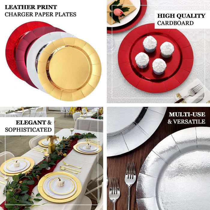 Elegant leather print charger paper plates in gold, red, and silver. Ideal for any event.