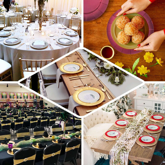 Elegant table settings for various events, showcasing decorations and food.