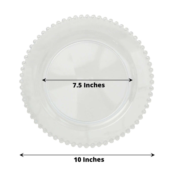 Clear plastic serving plate, 10 inches diameter, 7.5 inches inner diameter.
