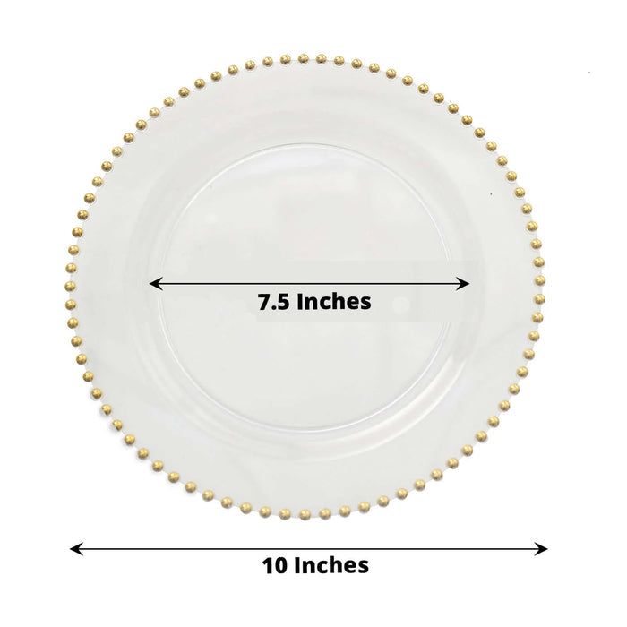 Clear glass charger plate with gold beaded edge, 10 inches diameter, 7.5 inches inner.