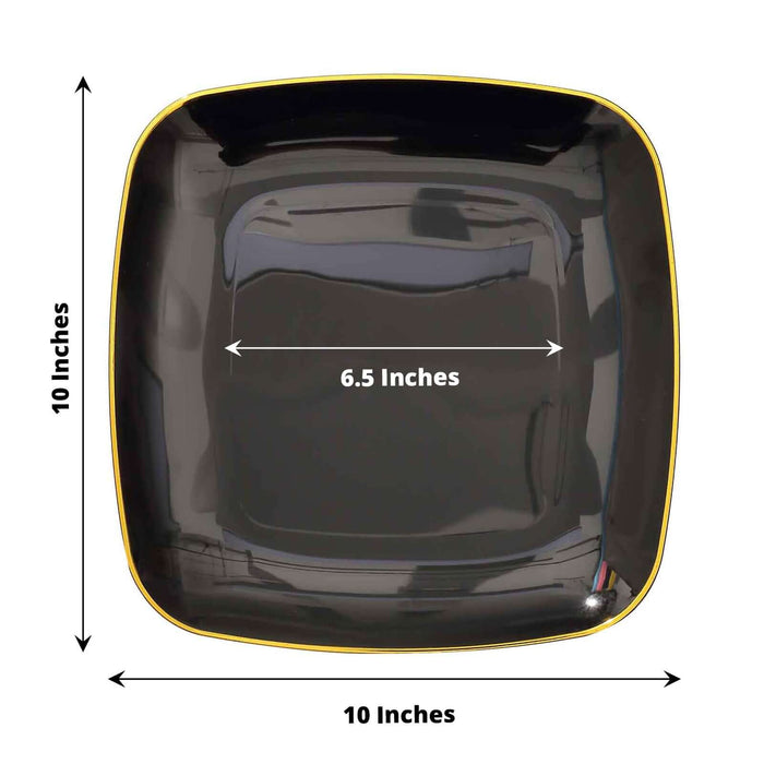 Black square plate with yellow rim, 10 inches by 10 inches.