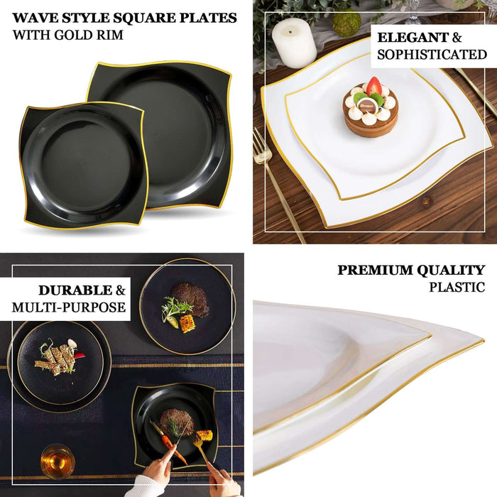 Wave style square plates with gold rim, elegant and durable, perfect for any occasion.