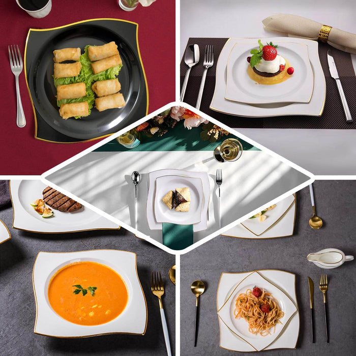 Elegant dining plates with various gourmet dishes arranged artistically.