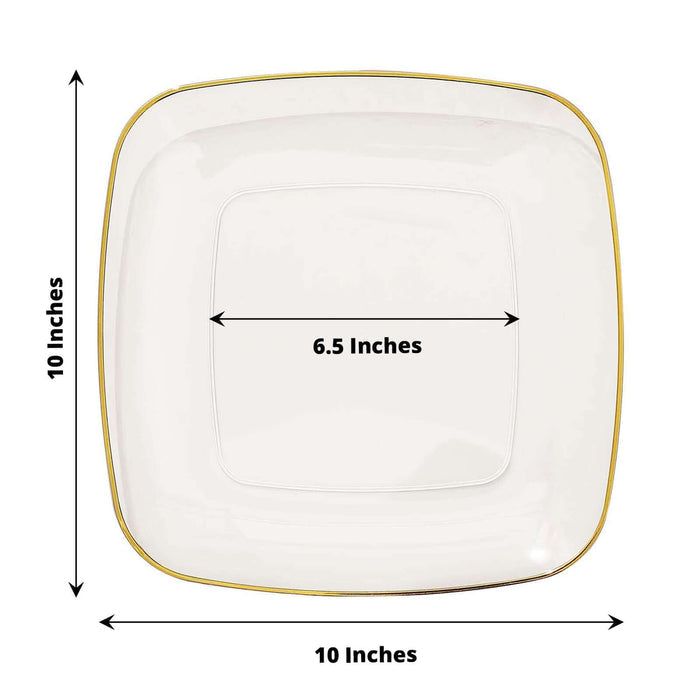 Square white plate with gold trim, measuring 10 inches