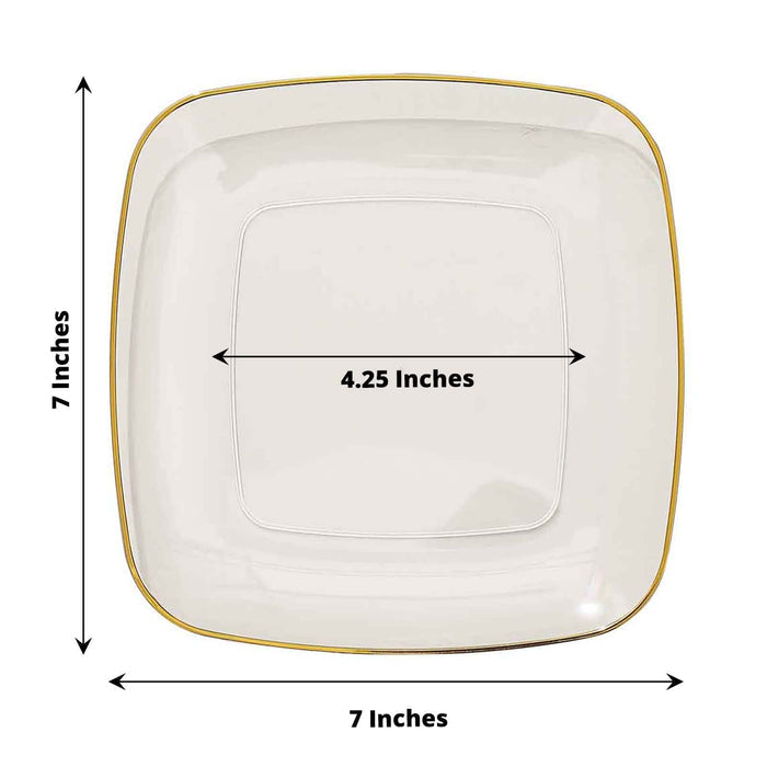Square white plate with gold trim, measuring 7 inches by 4.25 inches.