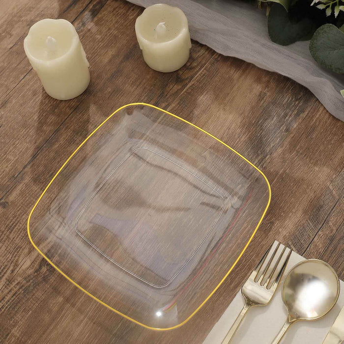 Clear square plate with a yellow rim on a rustic wooden table.