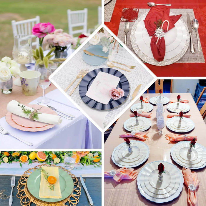 Elegant table settings featuring floral arrangements and decorative plates.
