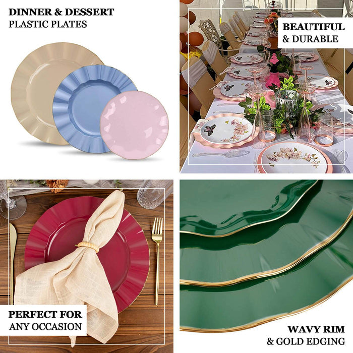 Colorful plastic plates with wavy rims, suitable for any occasion.