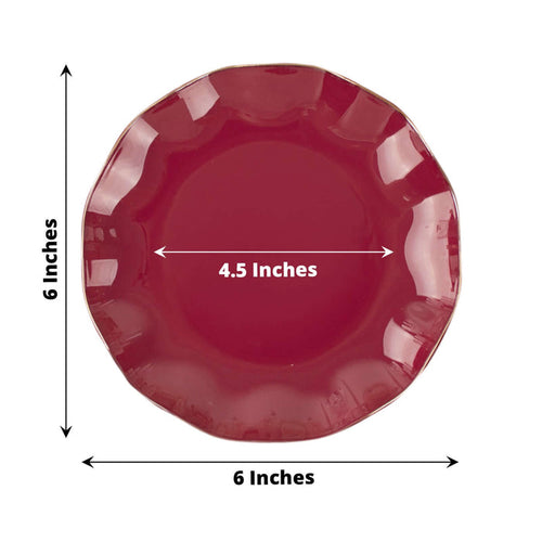 Red scalloped edge plate, 6 inches wide with a 4.5-inch center.
