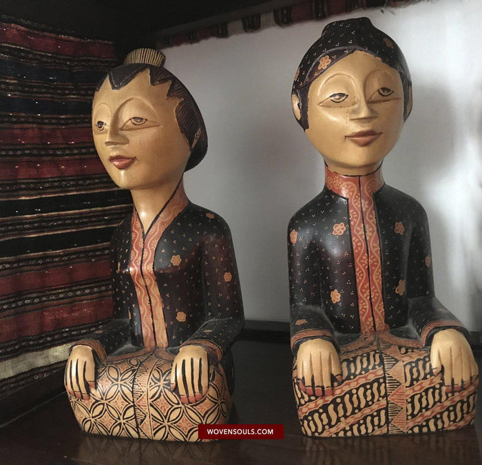 1429 Javanese Batik on Wood - King & Queen Figures-WOVENSOULS-Antique-Vintage-Textiles-Art-Decor