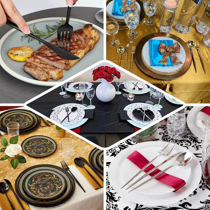 Elegant dining table settings with gourmet dishes and decorative elements.