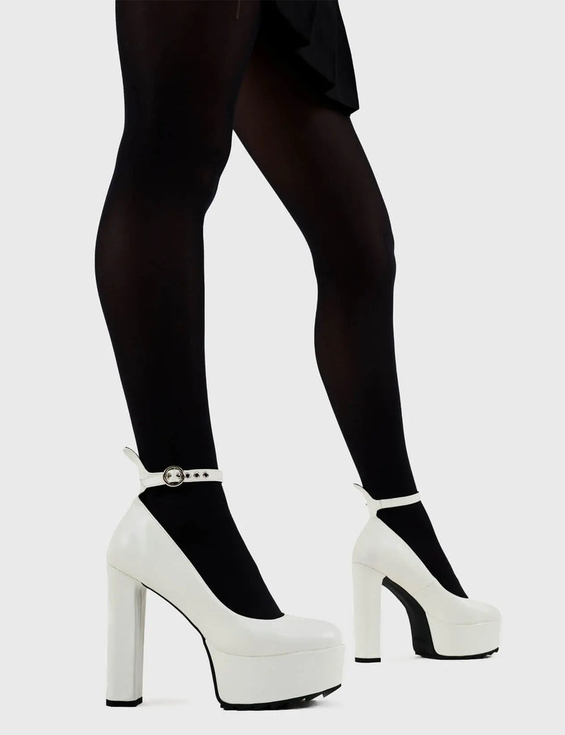 Head over Heels for these!
  
  Above Average Platform Heels in White faux leather. These platform heels feature a minimalist design with a thin ankle strap and silver buckle, perfect heels to compliment any outfit. Made with eco-friendly materials and 100% cruelty-free, these platform boots are as ethical as they are trendy.
  
  - Platform Height
  - Heel Height
  - Think ankle strap with a silver buckle and eyelets
  - High Heel
  - Platform sole
  - 100% vegan 
  
  SKU: LMF 3100 - WhitePU