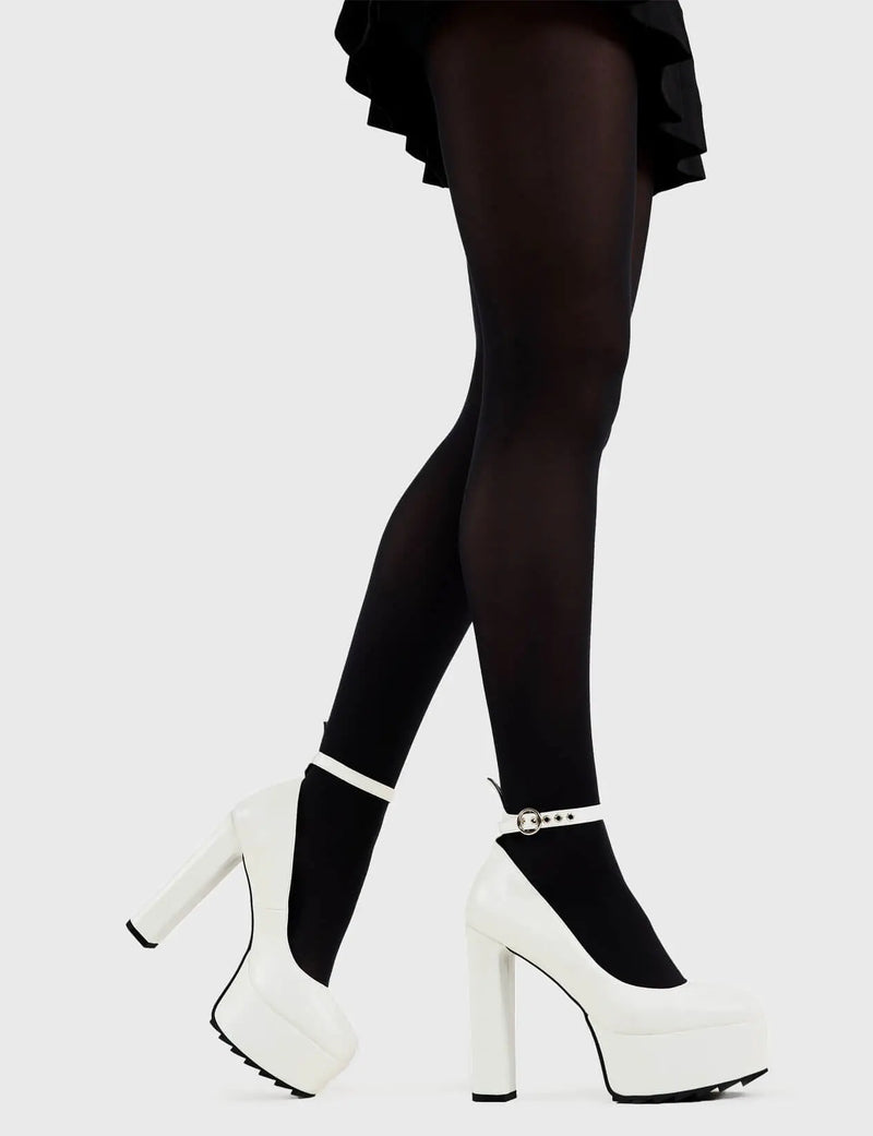 Head over Heels for these!
  
  Above Average Platform Heels in White faux leather. These platform heels feature a minimalist design with a thin ankle strap and silver buckle, perfect heels to compliment any outfit. Made with eco-friendly materials and 100% cruelty-free, these platform boots are as ethical as they are trendy.
  
  - Platform Height
  - Heel Height
  - Think ankle strap with a silver buckle and eyelets
  - High Heel
  - Platform sole
  - 100% vegan 
  
  SKU: LMF 3100 - WhitePU