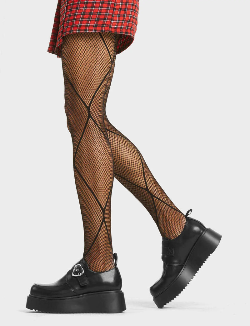 RAVING ALL NIGHT
  
  After Party Chunky Platform Shoes in Black Patent faux leather. These black shoes feature an adjustable black strap with silver eyelets and a silver heart shaped buckle. Made with eco-friendly materials and 100% cruelty-free, these platform boots are as ethical as they are lovely!
  
  - Platform Height
  - Adjustable Strap
  - Heart shaped buckle
  - Chunky Platform sole
  - Silver Eyelets
  - Round Toe
  - 100% vegan
  
  SKU: LMF 4012 - BlackPU