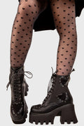 Perfect Pairing
  
  All I Need Chunky Platform Ankle Boots in black faux leather. These black vegan Platform Boots feature lace up detail and three black suede hearts with a perimeter of silver studs, complete your look with theese cuties. Made with eco-friendly materials and 100% cruelty-free.
  
  
  - Platform Height: 3.3 inch
  - Black zipper
  - Lace up detail with silver eyelets
  - Black suede hearts
  - Silver studs 
  - Chunky platform sole
  - Round Toe
  - 100% vegan