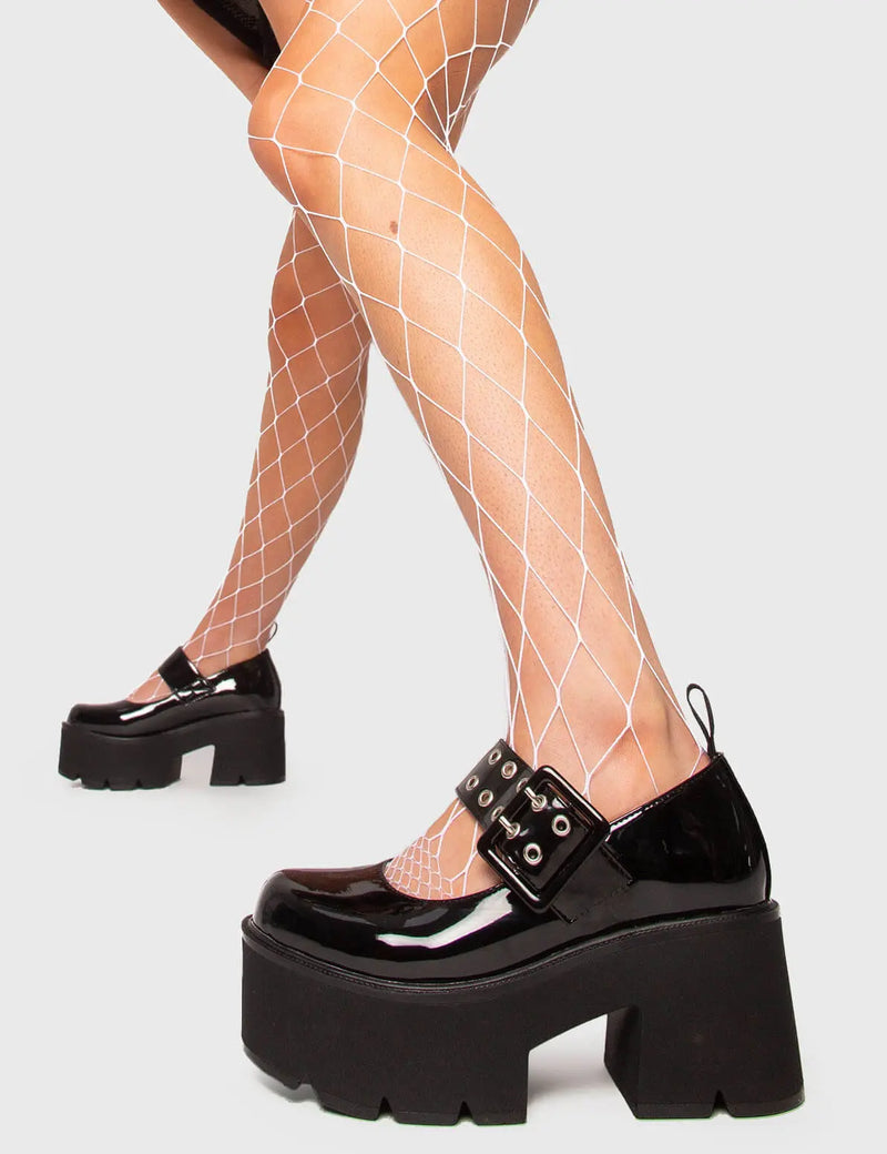 THE SHOEDROBE STAPLE
  
  All Star Chunky Mary Jane Shoes in Black patent. These Mary Janes feature a Chunky and comfortable Platform sole. Everyone needs a pairs of Mary Janes! Made with eco-friendly materials and 100% cruelty-free, these Mary Janes are as ethical as they are cute!
  
  
  - Platform Height: 3 inch
  - Adjustable over foot strap
  - Square buckle and silver eyelets
  - Chunky Platform sole
  - Round toe 
  - 100% vegan 
  
  SKU: LMF 1075 - BlackPAT