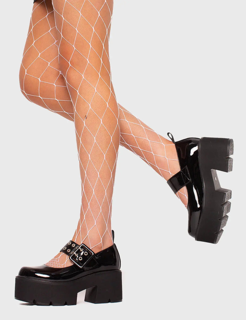 THE SHOEDROBE STAPLE
  
  All Star Chunky Mary Jane Shoes in Black patent. These Mary Janes feature a Chunky and comfortable Platform sole. Everyone needs a pairs of Mary Janes! Made with eco-friendly materials and 100% cruelty-free, these Mary Janes are as ethical as they are cute!
  
  
  - Platform Height: 3 inch
  - Adjustable over foot strap
  - Square buckle and silver eyelets
  - Chunky Platform sole
  - Round toe 
  - 100% vegan 
  
  SKU: LMF 1075 - BlackPAT