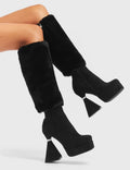 ASPIRATIONAL
  
  Ambitious Platform Knee High Boots in Black faux suede leather. These platform boots feature a flared heel that includes silver ring detailing on the heel.. Also features exuberant fur detailing across the upper, keeping it nice and classy. Made with eco-friendly materials, these platform boots are as ethical as they are chic.
  
  - Platform Height
  - Knee High Length
  - Fur Detailing
  - Flared Heel
  - Silver Ring Detail
  - Suede
  - 100% vegan
  
  SKU: LMF 5440 - BlackSUEDE/Fur