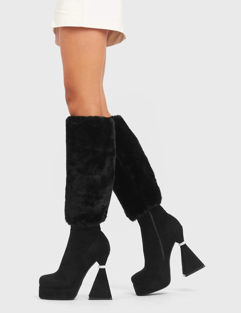 ASPIRATIONAL
  
  Ambitious Platform Knee High Boots in Black faux suede leather. These platform boots feature a flared heel that includes silver ring detailing on the heel.. Also features exuberant fur detailing across the upper, keeping it nice and classy. Made with eco-friendly materials, these platform boots are as ethical as they are chic.
  
  - Platform Height
  - Knee High Length
  - Fur Detailing
  - Flared Heel
  - Silver Ring Detail
  - Suede
  - 100% vegan
  
  SKU: LMF 5440 - BlackSUEDE/Fur