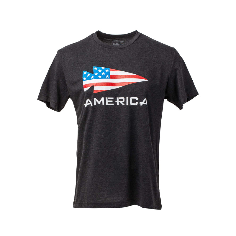 The America Tee - Tri-BlendX is a black premium men’s t-shirt with a stylized American flag arrow and "AMERICA" on the front, offering standout style and superior comfort.