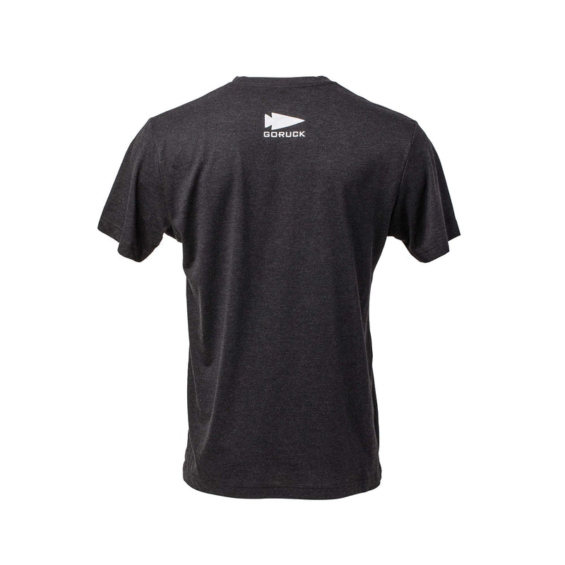 Back view of a dark gray America Tee - Tri-BlendX with a small white logo near the collar.