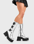 STARRY NIGHT
  
  Big League Chunky Platform Calf Boots in Silver faux leather. These vegan western Boots feature a silver lace up boot with black stars , very classy. Made with eco-friendly materials and 100% cruelty-free, these boots are as ethical as they are edgy!
  
  
  - Chunky Platform
  - Calf length
  - Lace up
  - Black stars
  - Rounded toe 
  - 100% vegan 
  
  SKU: LMF 3607 - SilverPU/BlackStar