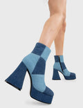 Denim Divas
  
  Break In Two Platform Ankle Boots in Denim. These platform boots feature our iconic patchwork denim finish on a platform sole, leave fashionable imprints with every step. Made with eco-friendly materials and 100% cruelty-free, these platform boots are as ethical as they are Trendy!
  
  - Platform Height
  - Heel Height
  - Black zipper
  - Denim
  - Mid ankle length
  - Platform sole
  - Round Toe 
  - 100% vegan 
  
  SKU: LMF 2626 - Denim