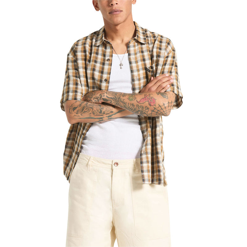 Brixton Cru Linen Blend Plaid Shirt - Black/Tobacco Plaid