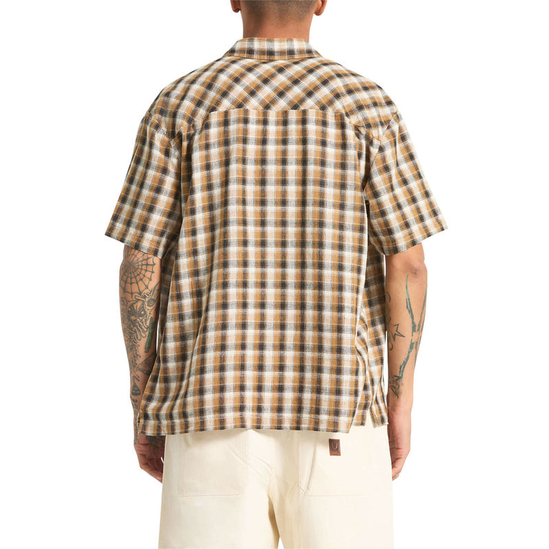 Brixton Cru Linen Blend Plaid Shirt - Black/Tobacco Plaid