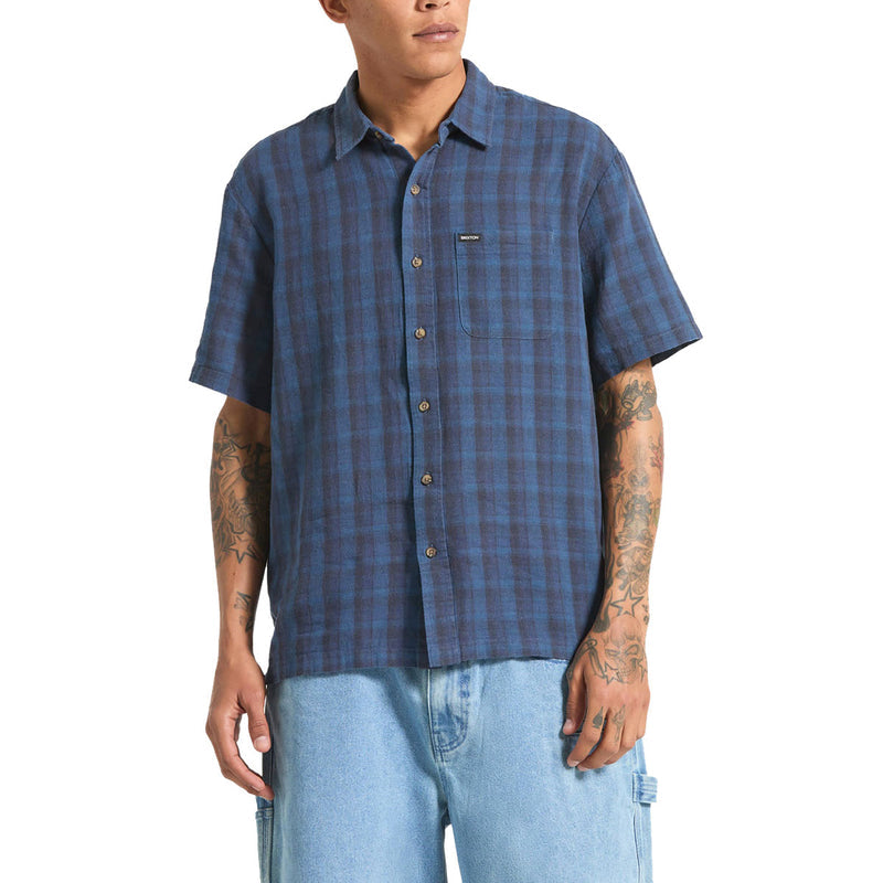 Brixton Cru Linen Blend Plaid Shirt - Dark Blue/Black Plaid