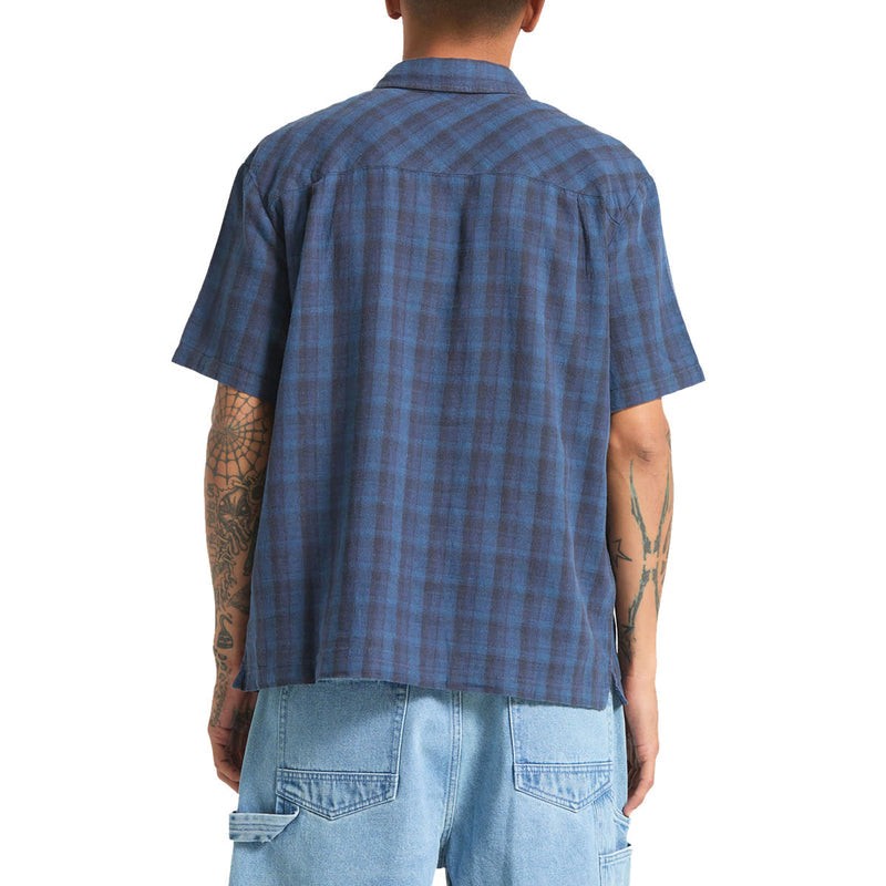 Brixton Cru Linen Blend Plaid Shirt - Dark Blue/Black Plaid