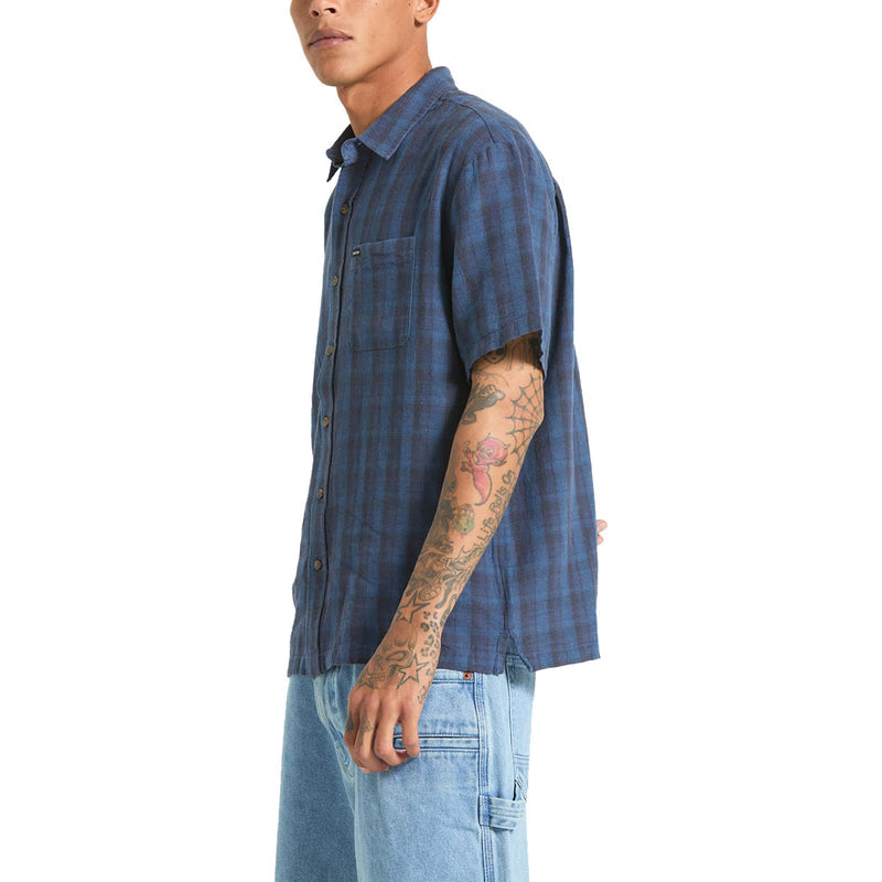 Brixton Cru Linen Blend Plaid Shirt - Dark Blue/Black Plaid