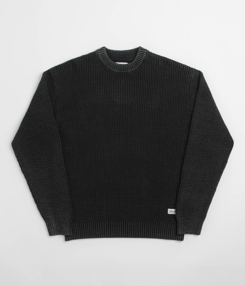 Butter Goods Distressed Waffle Knit Crewneck Sweatshirt in Washed Black