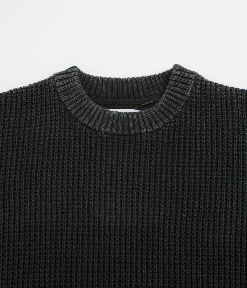 Butter Goods Distressed Waffle Knit Crewneck Sweatshirt in Washed Black