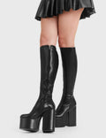 On Fleek!
  
  Concert Platform Knee High Boots in Black faux leather. These black platform boots feature on our High Platform Sole, stepping into style that is always on fleek. Made with eco-friendly materials and 100% cruelty-free, these platform boots are as ethical as they are Stylish!
  
  - Platform Height
  - Heel Height
  - Knee high lengh
  - Black Zipper 
  - HighPlatform sole
  - Round Toe 
  - 100% vegan 
  
  SKU: LMF 2256 - BlackPU