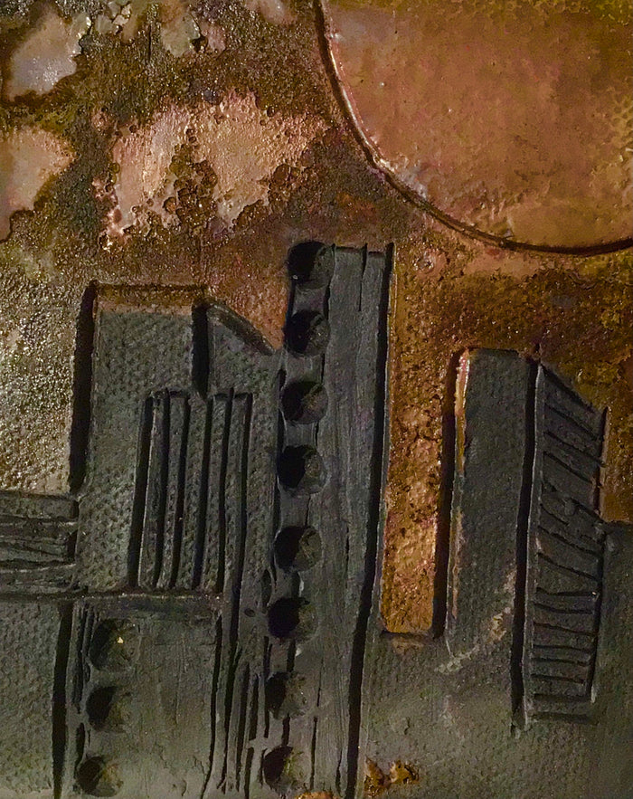 Skyline Downtown   4.5” x 4.5”  7 ozs Metallic copper glaze etched and textured back hook