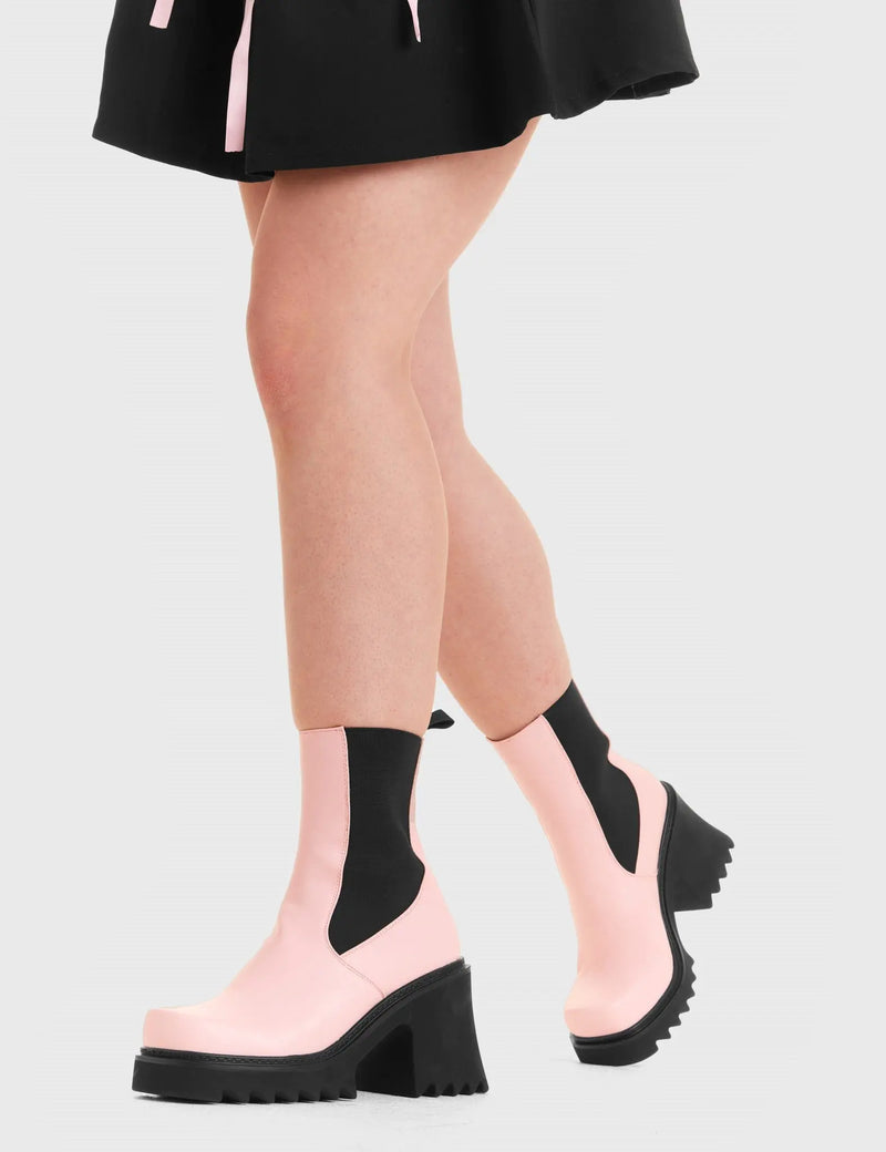 THESE BOOTS ARE MADE FOR WALKING
  
  Elevate Chunky Platform Ankle Boots in Pink faux leather. These vegan western Boots feature a black gusset and a shark teeth grip sole, very chic. Made with eco-friendly materials and 100% cruelty-free, these boots are as ethical as they are edgy!
  
  
  - Chunky Platform
  - Calf length
  - Shark teeth grip
  - Black gusset
  - Rounded toe 
  - 100% vegan 
  
  SKU: LMF 3728 - PinkPU