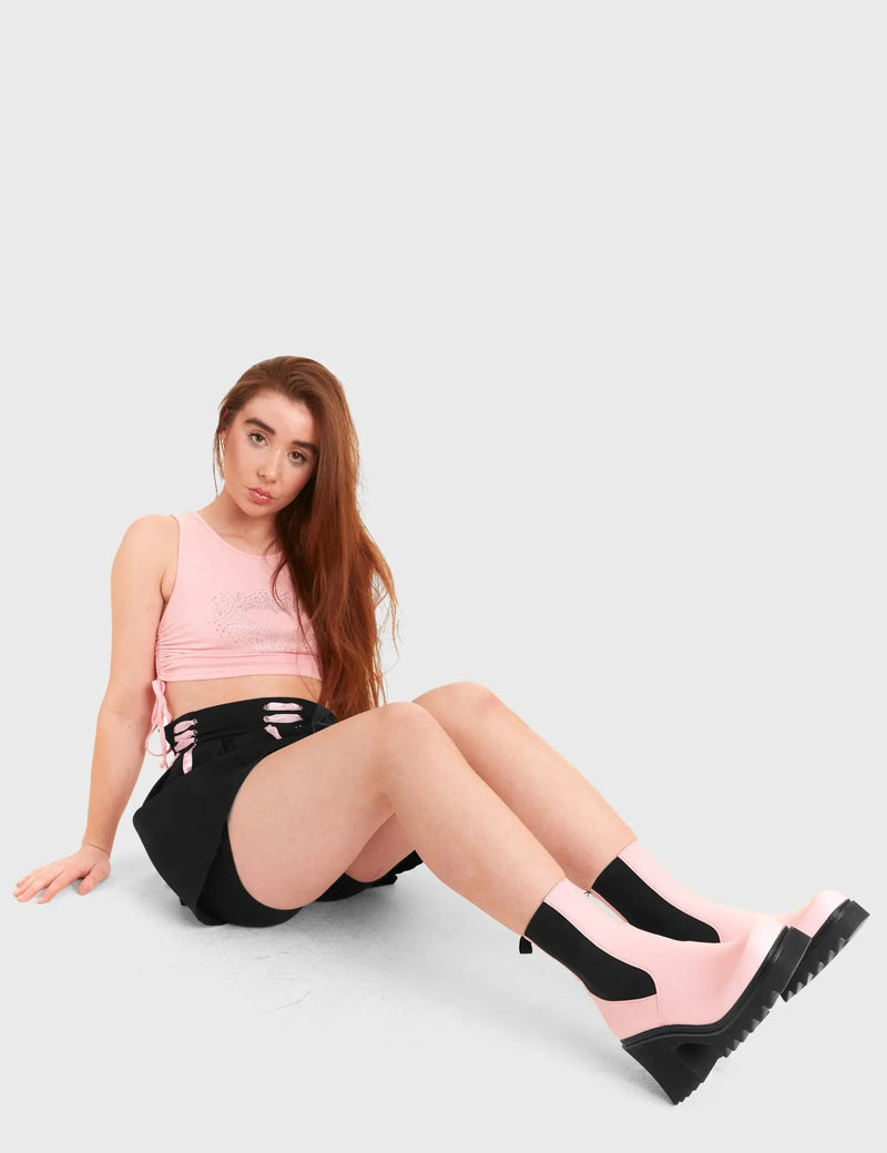 THESE BOOTS ARE MADE FOR WALKING
  
  Elevate Chunky Platform Ankle Boots in Pink faux leather. These vegan western Boots feature a black gusset and a shark teeth grip sole, very chic. Made with eco-friendly materials and 100% cruelty-free, these boots are as ethical as they are edgy!
  
  
  - Chunky Platform
  - Calf length
  - Shark teeth grip
  - Black gusset
  - Rounded toe 
  - 100% vegan 
  
  SKU: LMF 3728 - PinkPU