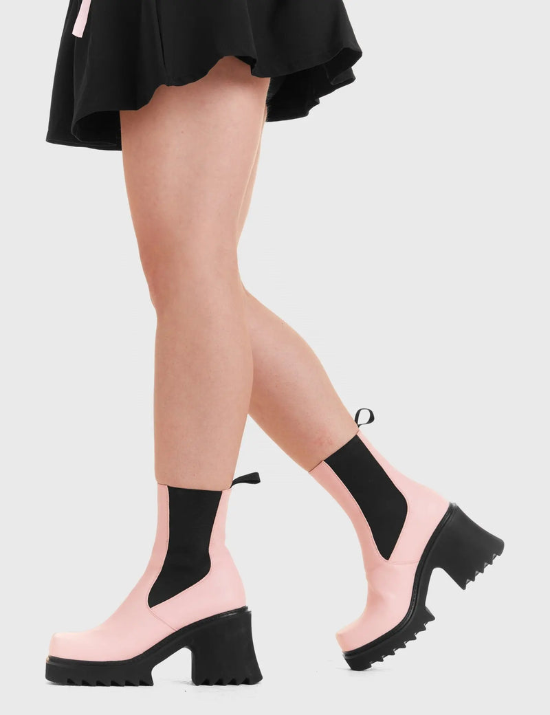THESE BOOTS ARE MADE FOR WALKING
  
  Elevate Chunky Platform Ankle Boots in Pink faux leather. These vegan western Boots feature a black gusset and a shark teeth grip sole, very chic. Made with eco-friendly materials and 100% cruelty-free, these boots are as ethical as they are edgy!
  
  
  - Chunky Platform
  - Calf length
  - Shark teeth grip
  - Black gusset
  - Rounded toe 
  - 100% vegan 
  
  SKU: LMF 3728 - PinkPU