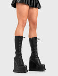 Not Your Basic Boots
  
  Empty Space Chunky Platform Calf Boots in Black faux leather. These Black vegan Wedge boots feature a lace-up design on our Platform wedge sole, perfect for adding height and edge to any look. Made with eco-friendly materials and 100% cruelty-free, these boots are as ethical as they are badass!
  
  
  - Platform Height: 
  - Heel Height
  - lace-up
  - Black Zip
  - Wedge sole
  - Round Toe
  - 100% vegan 
  
  SKU: LMF 2941 - BlackPU