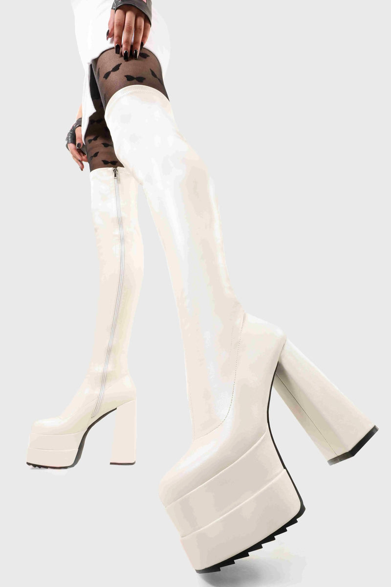 Ground Breaking

Fantasies Wide Calf Platform Thigh High Boots in White Stretch faux leather. These platform boots feature on our double stack platform sole, leave them with a lasting impression. Made with eco-friendly materials and 100% cruelty-free, these platform boots are as ethical as they are Ground Breaking!

- Platform Height
- Heel Height
- Wide Fit
- White Zip 
- Thigh high length
- Shark's teeth grip
- Chunky Platform sole
- Round Toe 
- 100% vegan 

SKU: LMF 2698 - WhitePU - WIDE FIT