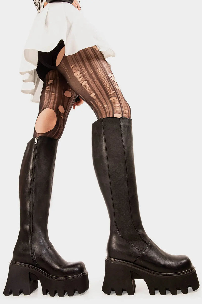 Punk Power
  
  For You Chunky Platform Knee High Boots in Black faux leather. These Black vegan Knee High Boots feature on a chunky platform sole with a stretchy gusset detail, elevate you style. Made with eco-friendly materials and 100% cruelty-free, these boots are as ethical as they are powerful!
  
  
  - Platform Height: 3.3 inch
  - Knee High length
  - Black zipper 
  - Chunky Platform sole
  - Gusset detail
  - Wide calf and ankle friendly
  - Round toe 
  - 100% vegan 
  
  SKU: LMF 1246 - BlackPU