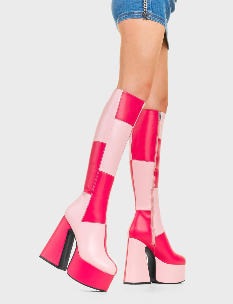 DISCO TIME
  
  Gemini Platform Knee High Boots in Pink and Fuchsia faux leather. These platform boots feature a pink and fuchsia patch work design with a flared heel, keeping it nice and classy. Made with eco-friendly materials and 100% cruelty-free, these platform boots are as ethical as they are chic.
  
  - Platform Height
  - Knee high length
  - Patch work design
  - Flared heel
  - High Heel
  - 100% vegan
  
  SKU: LMF 4487 - PinkPU/FuchsiaPU