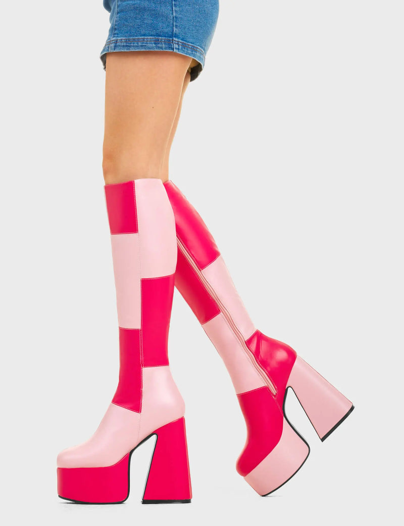 DISCO TIME
  
  Gemini Platform Knee High Boots in Pink and Fuchsia faux leather. These platform boots feature a pink and fuchsia patch work design with a flared heel, keeping it nice and classy. Made with eco-friendly materials and 100% cruelty-free, these platform boots are as ethical as they are chic.
  
  - Platform Height
  - Knee high length
  - Patch work design
  - Flared heel
  - High Heel
  - 100% vegan
  
  SKU: LMF 4487 - PinkPU/FuchsiaPU