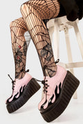Blaze Runner
  
  Girls On Tour Chunky Platform Creeper Shoes in Pink. These pink creeper shoes feature a patent black flame across the side of the shoe, stepping on flames and setting hot trends. Made with eco-friendly materials and 100% cruelty-free, these platform boots are as ethical as they are HOT!
  
  - Platform Height
  - Black Laces with black eyelets
  - Patent black flame 
  - Chunky creeper wedge sole
  - Round Toe 
  - 100% vegan 
  
  SKU: LMF 2222 - Pink/Flame