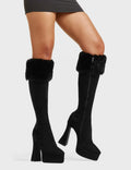 INNER PEACE
  
  Good Soul Platform Knee High Boots in Black faux suede. These platform boots feature a sleek look with a curved shaped heel. Also features exuberant fur detailing across the upper, keeping it nice and classy. Made with eco-friendly materials and 100% cruelty-free, these platform boots are as ethical as they are chic.
  
  - Platform Height
  - Knee High Length
  - Fur Detailing
  - Flared Heel
  - High Heel
  - Suede
  - 100% vegan
  
  SKU: LMF 5463 - BlackSUEDE/Fur
