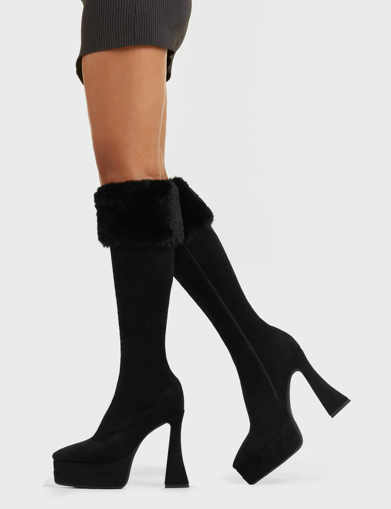 INNER PEACE
  
  Good Soul Platform Knee High Boots in Black faux suede. These platform boots feature a sleek look with a curved shaped heel. Also features exuberant fur detailing across the upper, keeping it nice and classy. Made with eco-friendly materials and 100% cruelty-free, these platform boots are as ethical as they are chic.
  
  - Platform Height
  - Knee High Length
  - Fur Detailing
  - Flared Heel
  - High Heel
  - Suede
  - 100% vegan
  
  SKU: LMF 5463 - BlackSUEDE/Fur